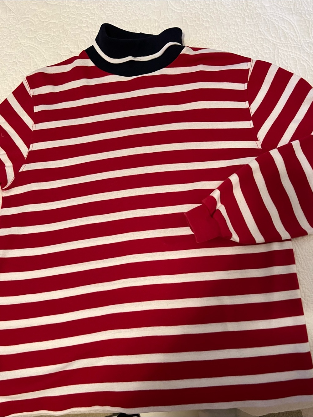 Lands' End Red and White Striped Long Sleeve Tee with Navy Collar